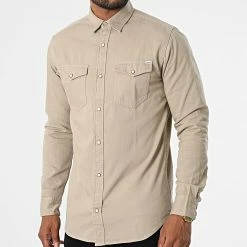 Promo ✔️ Chemise Jean A Manches Longues Sheridan Beige de Jack And Jones 🎉 -Jack And Jones Soldes jack and jones 329028 12138115 CROCKERY 20220725T152317 03