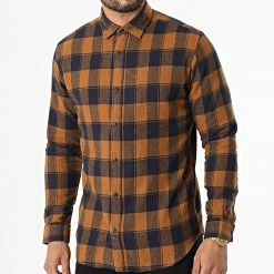 Coupon ✨ Chemise Manches Longues A Carreaux Plain Autumn Buffalo Camel Bleu Marine de Jack And Jones 🔥