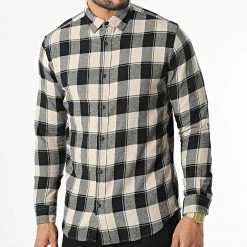 Bon marché ✨ Chemise Manches Longues A Carreaux Plain Autumn Buffalo Beige Noir de Jack And Jones 😍