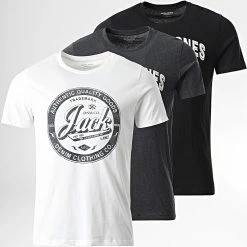 Meilleur prix 🎁 Lot De 3 Tee 👚 Shirts 👖 Jeans Blanc Noir Gris Anthracite Chiné de Jack And Jones ❤️