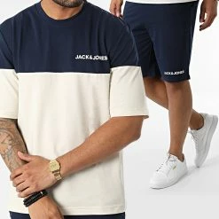 Les meilleures critiques de 🎉 Ensemble Tee 👕 Shirt Et Short Jogging Color Block Beige Bleu Marine de Jack And Jones 👍