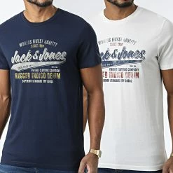 Le moins cher 🥰 Lot De 2 Tee 👚 Shirts Booster Bleu Marine Blanc de Jack And Jones 🛒