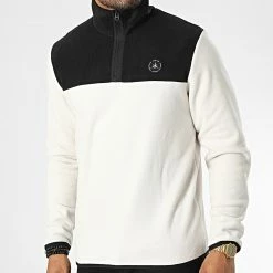 Budget 🛒 Sweat Col Zippé Tech Polar Beige Noir de Jack And Jones 🤩