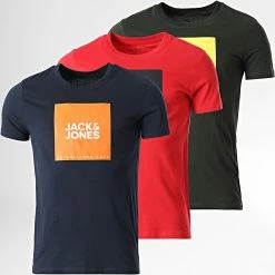De gros 😀 Lot De 3 Tee 👕 Shirts 12225849 Bleu Marine Vert Kaki Rouge de Jack And Jones ✔️