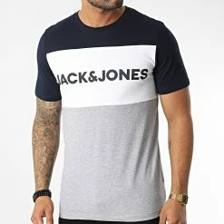 Meilleur prix 🌟 Tee 👚 Shirt Logo Blocking Gris Chiné Blanc Bleu Marine de Jack And Jones 👏