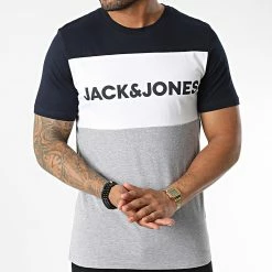 Meilleur prix 🌟 Tee 👚 Shirt Logo Blocking Gris Chiné Blanc Bleu Marine de Jack And Jones 👏 -Jack And Jones Soldes jack and jones 343377 12173968 NAVY BLAZER 20221020T145953 03