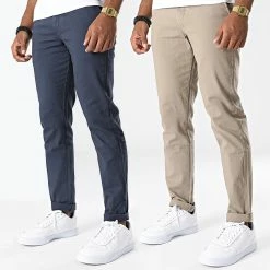 Sortie 🧨 Lot De 2 Pantalons Chino Marco Dave Beige Bleu Marine de Jack And Jones 🌟