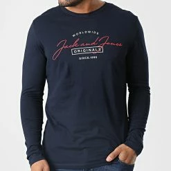 Remise ⌛ Tee 👕 Shirt Manches Longues Ferry 12225554 Bleu Marine de Jack And Jones 🤩