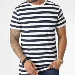 Promo 😀 Tee 👚 Shirt Power Ministripe Blanc Bleu Marine de Jack And Jones 💯 -Jack And Jones Soldes jack and jones 347216 12227682 CLOUD DANCER NAVY BLAZE 20221110T152859 03