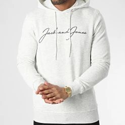 Promo 😍 Sweat Capuche Ferry Gris Clair Chiné de Jack And Jones ⭐ -Jack And Jones Soldes jack and jones 347397 12225197 WHITE MEL 20221110T155541 03