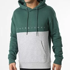 Nouveau 😉 Sweat Capuche Copenhagen Blocking Vert Gris Chiné de Jack And Jones 😀